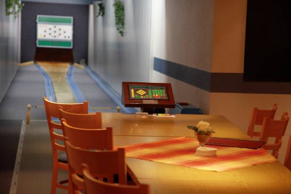 kegelbahn, kegeln, nahaufnahme tisch